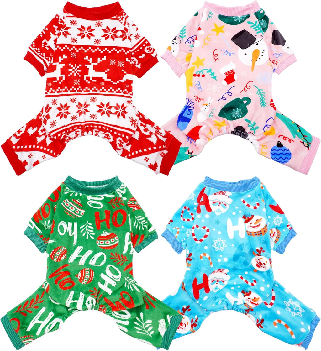 PET SHOW 4 Pack Dog Christmas Pajamas Holiday Dog Clothes for Small Medium Dogs Girl Boy Soft Stretchy PJs Xmas Jumpsuit Puppy Onesies Red Green Outfits with Sleeve Pets Dachshund Costume XXL