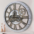 The B-Style Large Wall Clock 24 inch Moving Gear Wall Clock Oversized Vintage Farmhouse Wall Clocks for Living Room Decor Rustic Industrial Wood Clock (Silver Gray and Bronze)