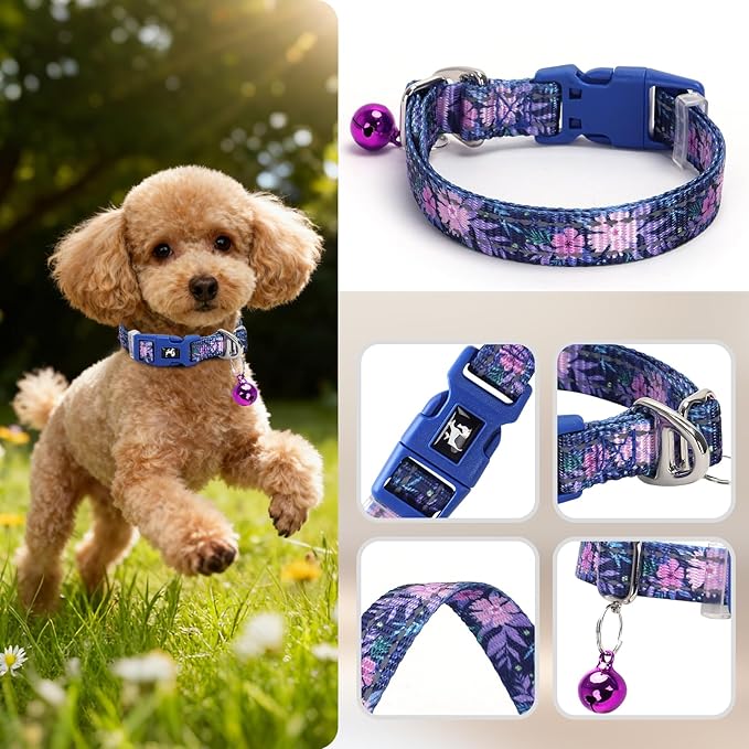 Floral Puppy Collar with Bell - Adjustable Flower Print Dog Collar for Small Dogs, Reflective Soft Comfort Collar for Chihuahua, Pomeranian, Tiny Breeds (XSmall) for Dogs