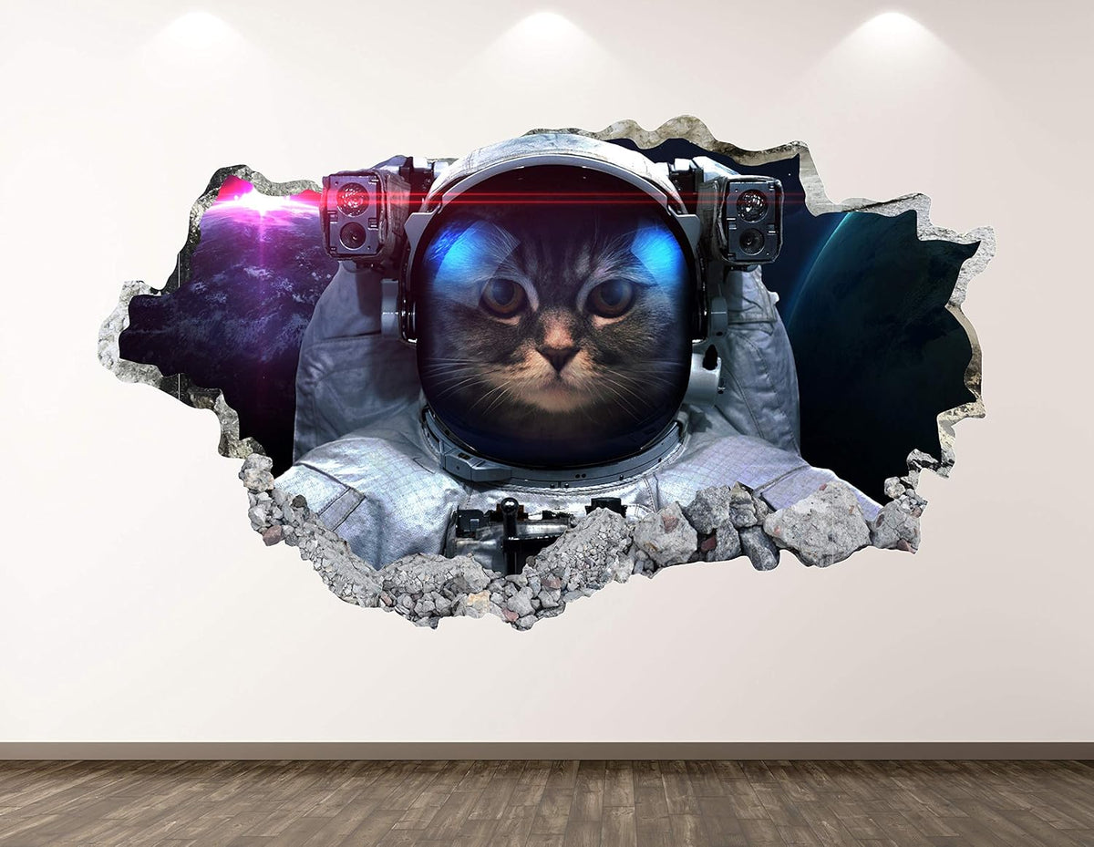 Astronaut Cat Wall Decal Art Decor 3D Smashed Space Sticker Poster Kids Room Mural Custom Gift BL203 (50"w x 30"H)