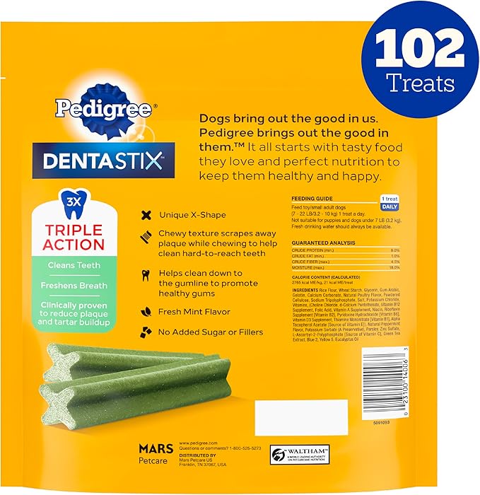 Pedigree Dentastix Small and Toy Breed Dog Treats, Fresh Flavor, 1.54 lb. Bag (102 Treats)