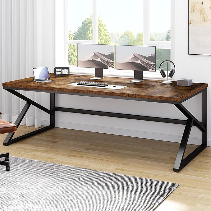 HSH Large Rustic Brown Computer Desk, 70 Inch Home Office Metal Wood Desk for 2 Person, Farmhouse Extra Long Writing Study Gaming Table, Bedroom Living Room PC Laptop Dual Monitor Desk
