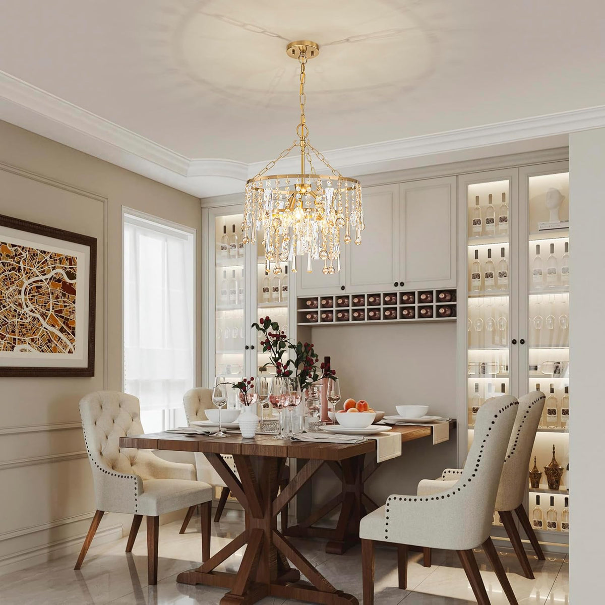 3-Lights K9 Crystal Chandeliers, Luxury Vintage Pendant Light Fixture for Dining Room, Living Room, D15*H20.4~66.8 inch (Adjustable), Clear Crystal & Gold Finish