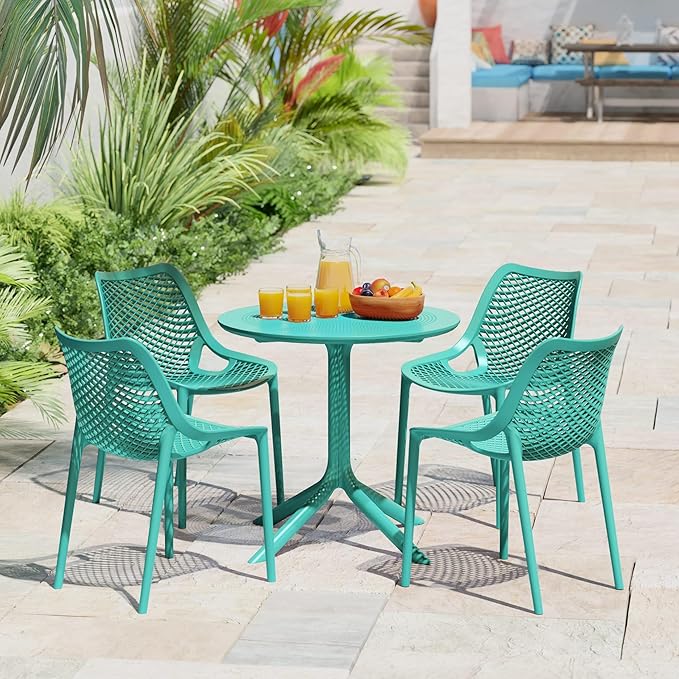 Costaelm Sunshine 31.5" Round Plastic Outdoor Patio Dining Table for 4, Turquoise