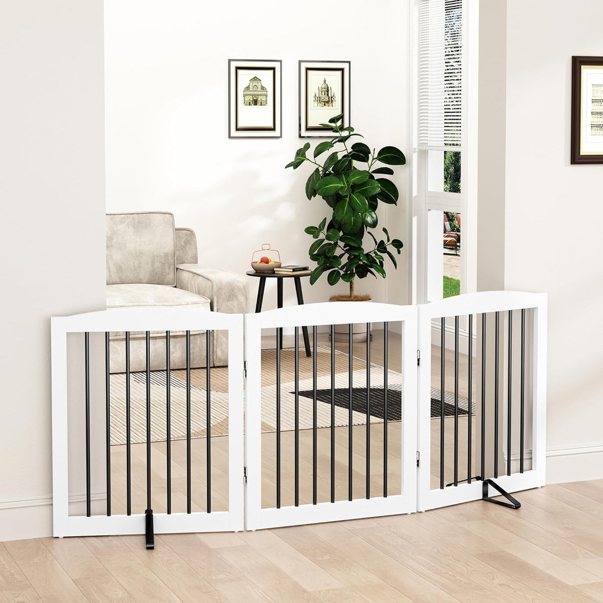 Freestanding Wooden Pet Gate for House, Foldable Indoor Dog Gate for Doorways, Stairs - 24" Height, 3 Panels, White