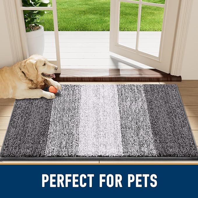 Smiry Dog Door Mat for Muddy Paws, Absorbs Moisture and Dirt, Low-Profile Entryway Mat with Non-Slip Backing, Entry Indoor Outdoor Doormat for Inside Floor (40x32 Inches, Light Grey, Striped)