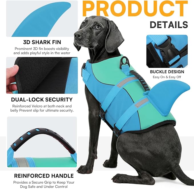 Shark Dog Life Jacket, Dog Life Vests for Boating, High Buoyant Pet Life Vest for Swimming, Adjustable Easy On Cat Life Jackets for Small, Medium, Large Dogs (Pool Blue,XL)