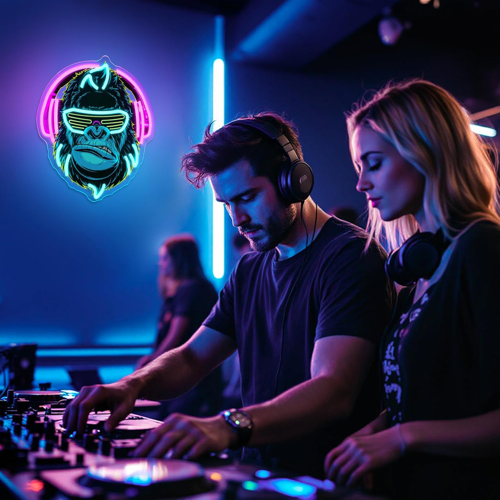 Headphones Gorilla Neon Sign Dimmable Kong Led Neon Light for Wall Decor,Game Room,Man Cave,Home Party Bar Decor,USB Powered Led Sign