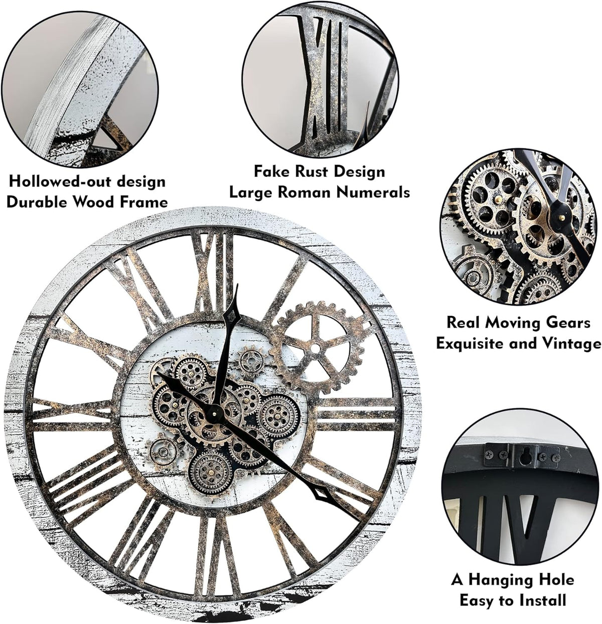 The B-Style Large Real Moving Gears Wall Clock 30 inch Rustic Retro Industrial Farmhouse Wood Clock Oversized Decorative Vintage Wall Clocks for Living Room (Silver Gray)
