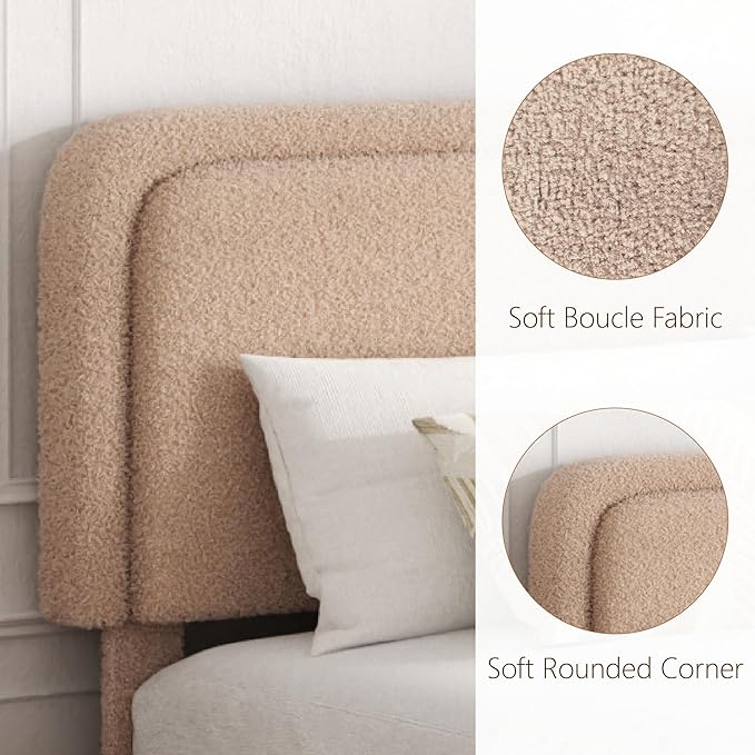 Queen Bed Frame with Headboard Adjustable, Boucle Upholstered Platform Bed Frame Queen Size, Anti-Collision Soft Rounded Corners, No Box Spring Needed, Noise-Free, Easy Assembly, Brown
