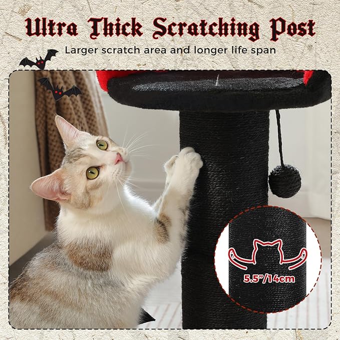 PEQULTI Cat Scratching Post, Gothic Cat Tree, Tall Scratcher for Indoor Cats with Super Thick Scratching Post [Dia=5.5''], Removable Spiderweb Pattern Cat Bed, Scratch Post with Spring Ball, Black