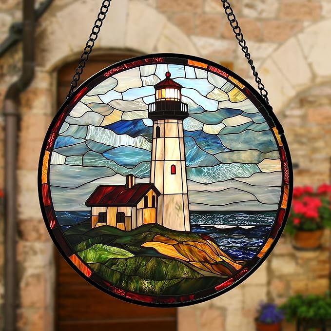 Stained Glass Window Hanging, Ocean Lighthouse Sun Catchers Glass Panel Blue Green Suncatcher Decor for Birthday for Women, Men, Wife, Aunt, and Mom 11.8 in