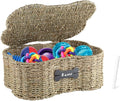 Seagrass Wicker Baskets for Dog Toys,Bone Shaped Dog Toy Bin with Lid,Personalized Dog Toy Organizer Boxes for Living Room,Farmhouse Handmade Pet Dog Storage,Dog Stuff Organizer
