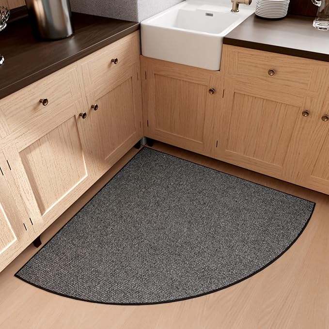 Fan Shaped Kitchen Mat 1 PCS, Cushioned Non Slip Rugs for Kitchen Floor, Absorbent Runner Comfort Standing Mats Washable for Kitchen, Office, Home (Black, Radius 47")