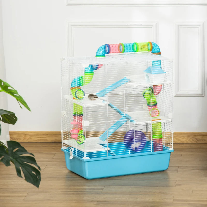 Hamster Cage With Tubes And Tunnels, Portable Carry Handles, Rat House And Habitats Big 5-Tier Design, Mouse Cage Includes Exercise Wheel, Water Bottle, Food Dish, Light Blue