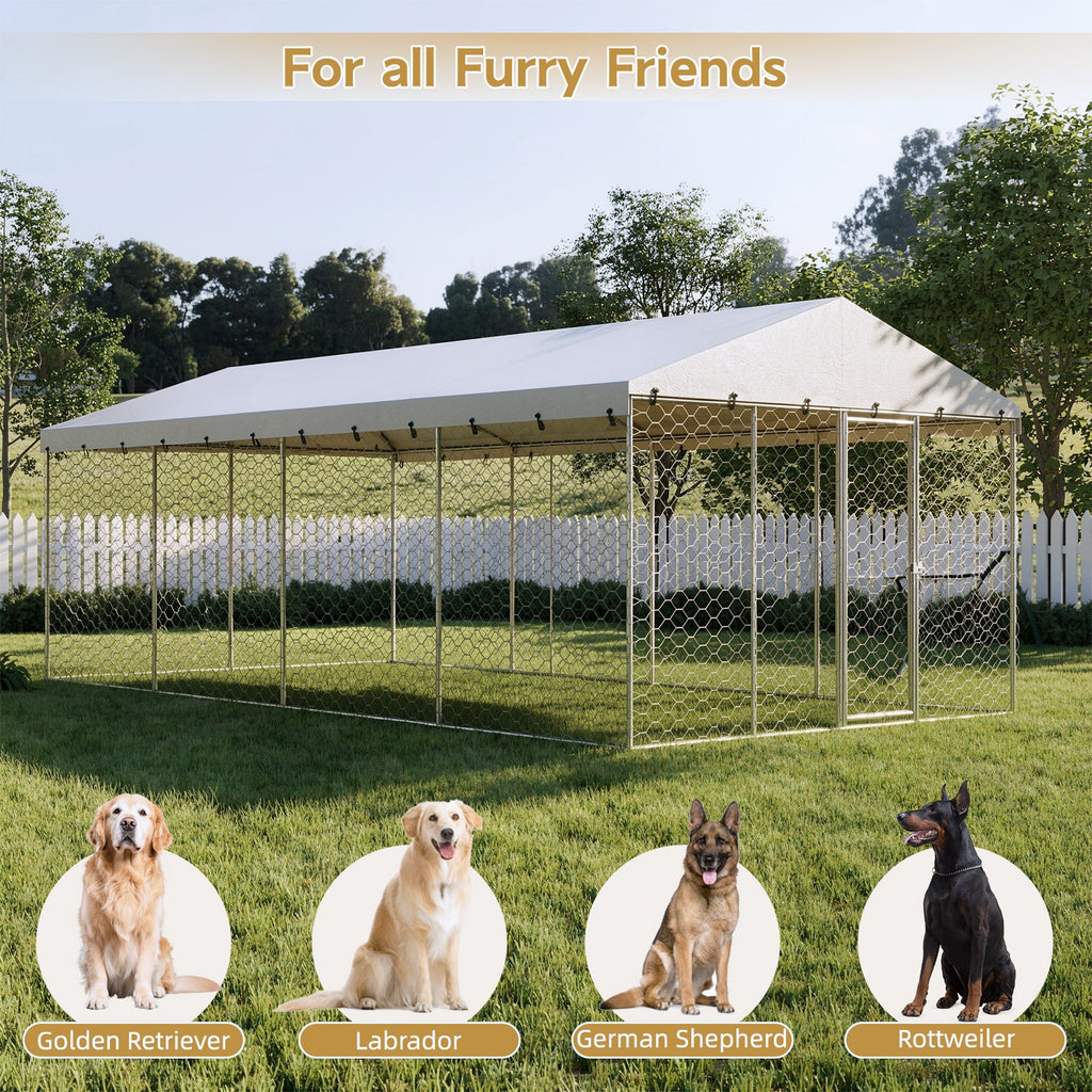 10x20 FT Large Outdoor Dog Kennel with Canopy, Heavy Duty Galvanized Steel Frame, Waterproof Cover, All-Weather Protection, Escape-Proof Lockable Pet Playpen for Large Dogs, Multiple Animals.
