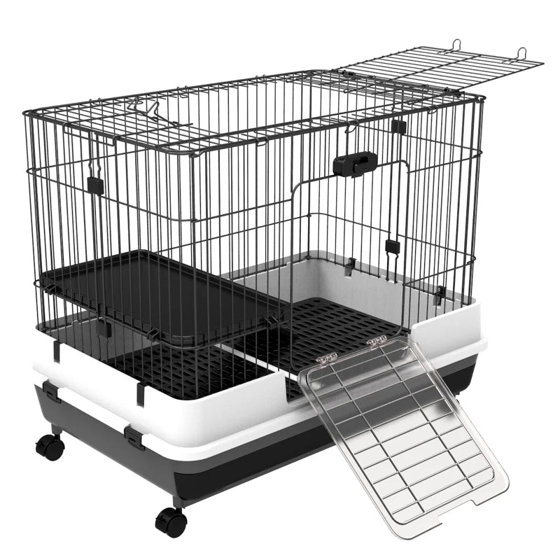 PawHut 2-Level Small Animal Cage Rabbit Hutch With Wheels, Removable Tray, Platform And Ramp For Bunny, Chinchillas, Ferret, Black
