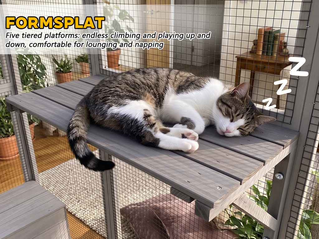 Gray Wooden Catio Pet Enclosure with Waterproof Top, Spacious and Secure Cat House & Small Animal Cage,2 Napping Boxes
