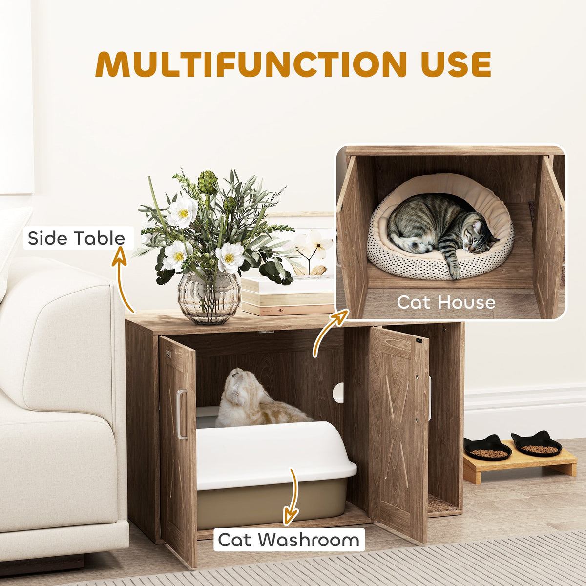 Cat Litter Box Enclosure With Scratching Board, Cat Washroom End Side Table, 31.5 X 19X 20, Walnut Brown