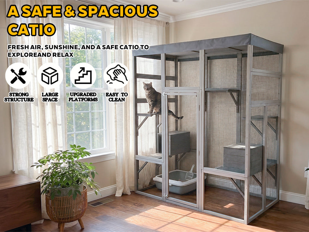 Gray Wooden Catio Pet Enclosure with Waterproof Top, Spacious and Secure Cat House & Small Animal Cage,2 Napping Boxes