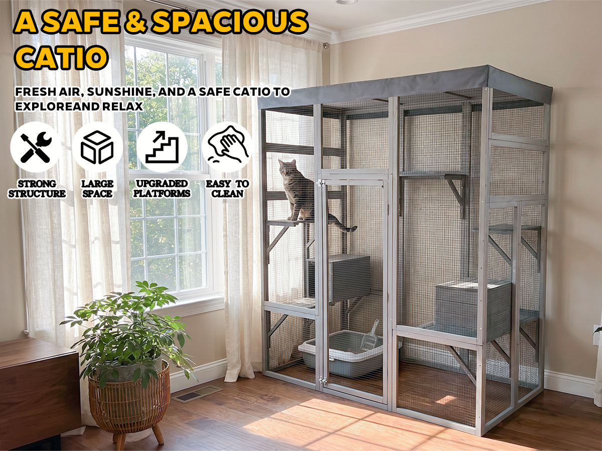 Gray Wooden Catio Pet Enclosure with Waterproof Top, Spacious and Secure Cat House & Small Animal Cage,2 Napping Boxes