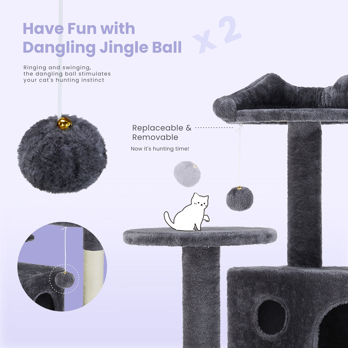 Large Cat Tree Tower, 62-70-80 Cat Tree  Large Cats, Multi Level With Scratching Post, Cozy Cat Jumping Platform Space, Grey