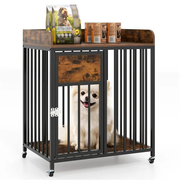 2-in-1 Dog Crate Furniture With Thickened Metal Tubes, Lockable Wheels Pet Kennel For Small Dogs
