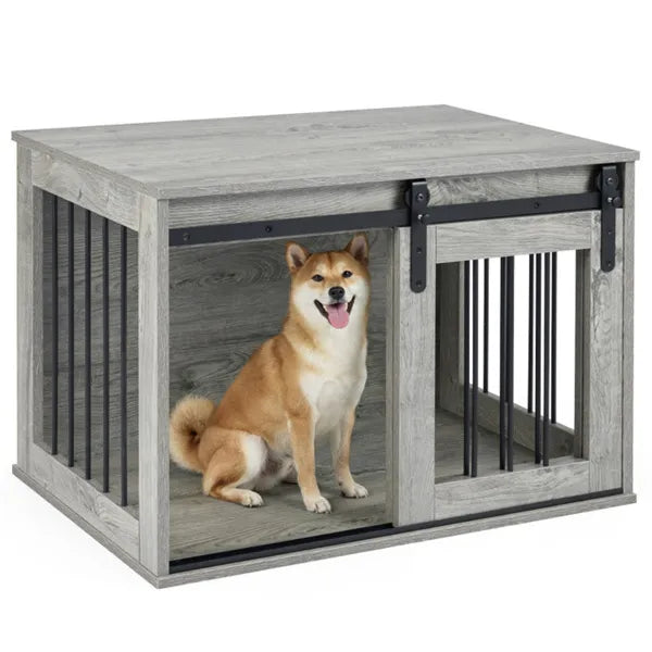 31.5" Dog Crate Furniture With Sliding Barn Door, Wooden Dog Kennel End Table For Indoor Use - Gray