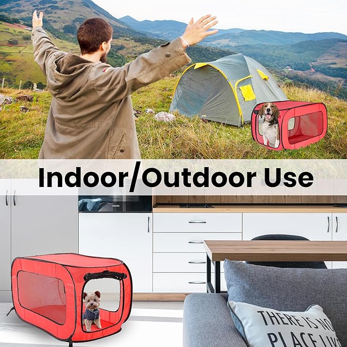 Beatrice Home Fashions Portable, Collapsible, Pop Up Kennel Travel Cat and Dog Crate, 36" L x 22" W x 22" H, Red