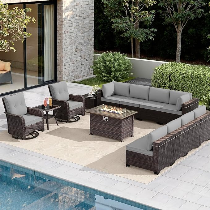 Gotland 13 Pieces Patio Furniture Set with Fire Pit Table Swivel Chairs, PE Rattan Outdoor Furniture Set with 29.5'' High Backrest 4’’ Thick Cushions Coffee Table, Patio Set for Porch, Deck, Grey