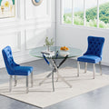 Goujxcy 3 Piece Round Glass Dining Table Set for 2, 36" Round Dining Table & Chair Set Modern Circle Glass Kitchen Table and 2 Velvet Upholstered Chairs for Kitchen Dining (Silver Table & Blue Chair)