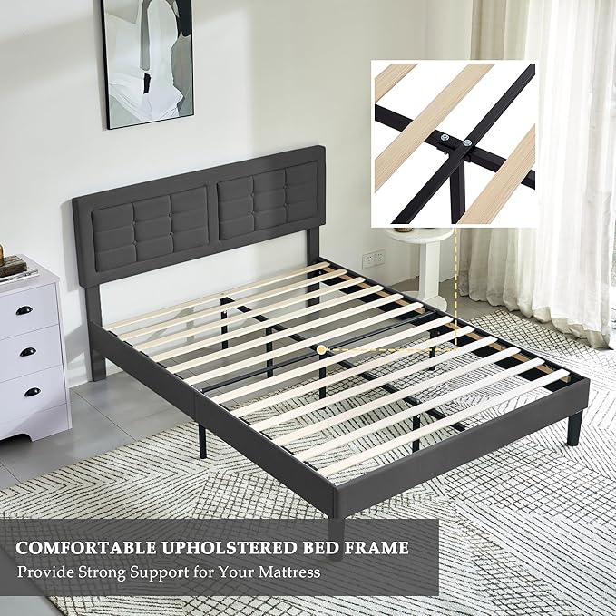 VECELO Queen Size Bed Frame with Adjustable Headboard, Upholstered Button Tufted Platform Bedframe with Wood Slats Support, No Box Spring Needed, Linen Fabric & Grey