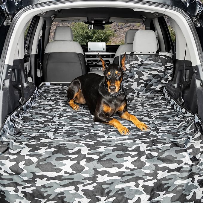 4Knines Split Cargo Liner for SUV – for Dogs & Pets, Heavy-Duty, Waterproof Trunk Mat & Cargo Cover – Fits 60/40 Split Bench & Armrest Pass-Through – Machine Washable, Non-Slip (Extra Large, Camo)