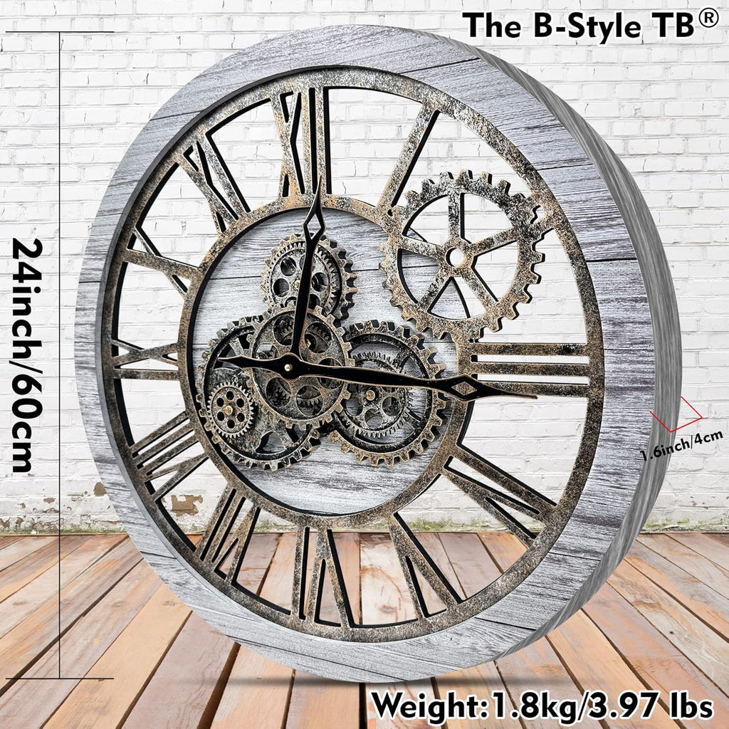 The B-Style Large Wall Clock 24 inch Moving Gear Wall Clock Oversized Vintage Farmhouse Wall Clocks for Living Room Decor Rustic Industrial Wood Clock (Silver Gray and Bronze)