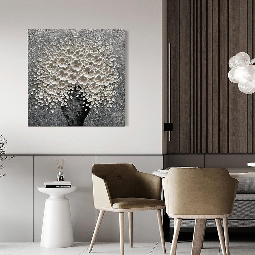 100% Hand-Painted White Flower Art Oil Painting, Modern Home Furnishing Canvas Painting Decoration, 3D Abstract Mural Painting,24x24 inch Frame Wall Art Hanging