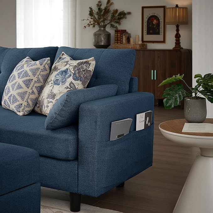 101" Convertible Sectional Sofa, Modern Linen Fabric U-Shaped Couch with 2 Storage Ottomans and Storage Pocket, 4 Seat Sofa Couches for Living Room, Apartment, Office, Blue