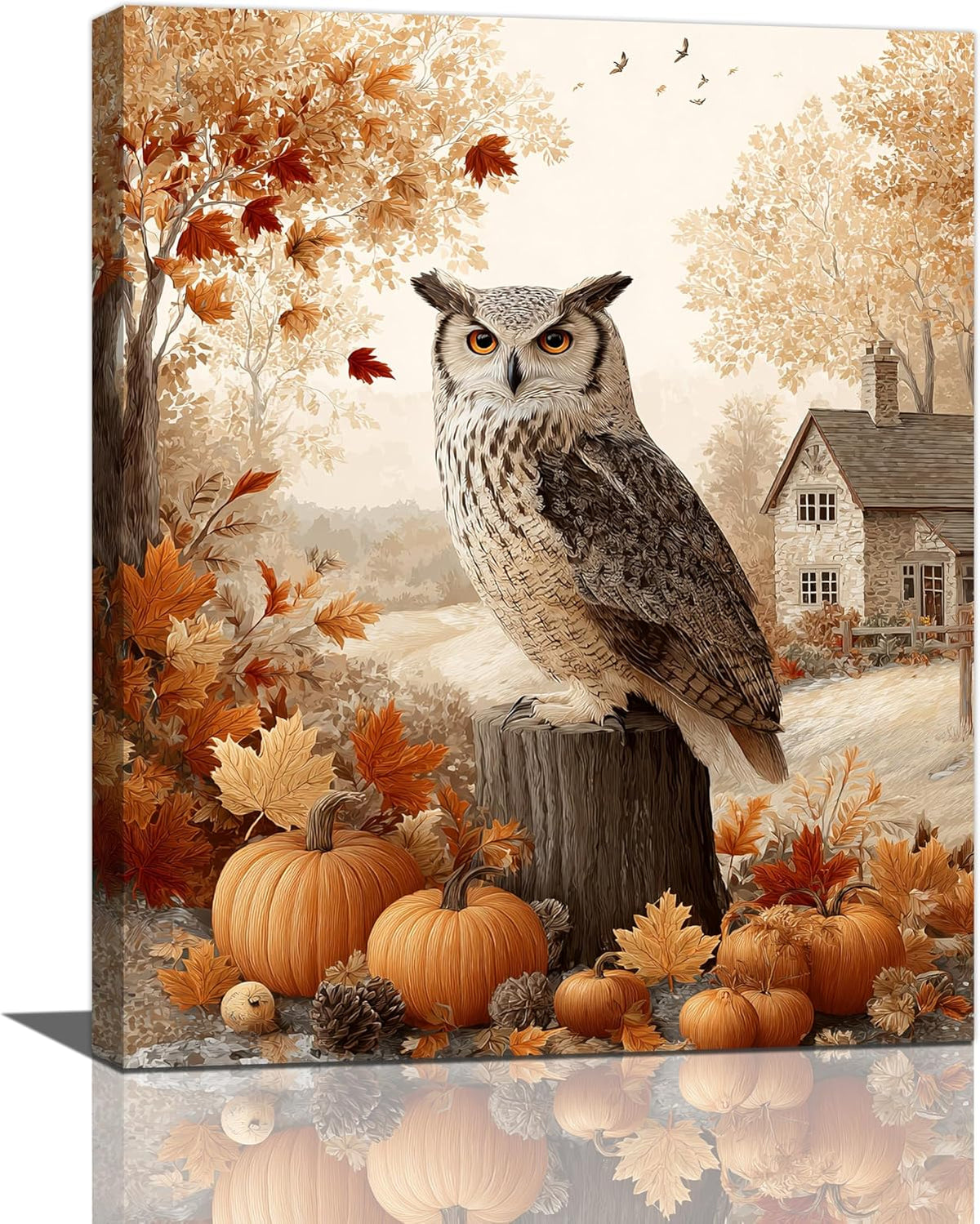 Fall Owl Wall Art Autumn Pumpkin Leaves Wall Decor Rustic Canvas Print Farmhouse Pictures Painting Print Framed Artwork Decorations Gifts for Living Room Bathroom Bedroom Office 16"x20"