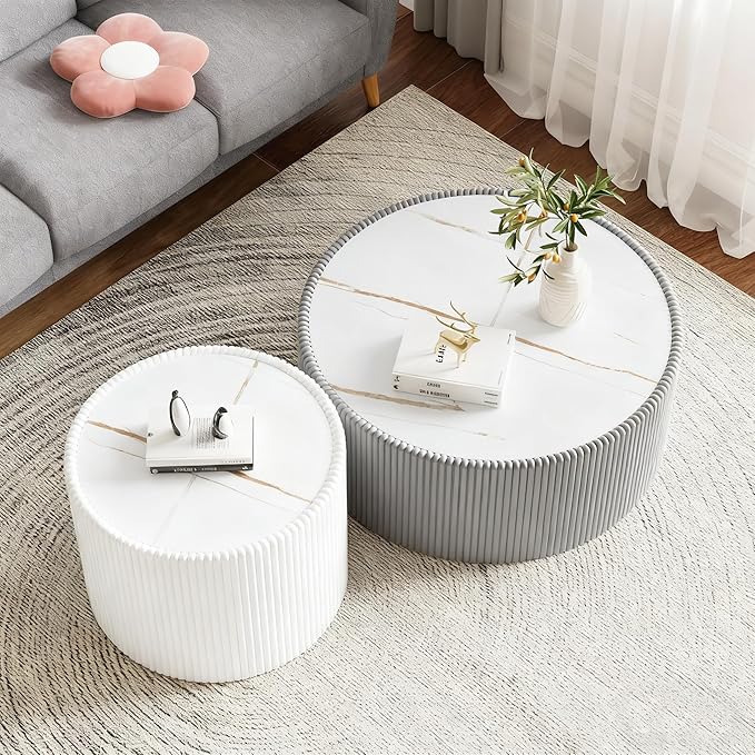 Round Coffee Table Set with Sintered Stone Tabletop, 29.52" Grey Drum Center Table and 17.71" White Coffee Table Set, 2 Pieces Living Room Table Set with Fluted PU Leather Cover& Stable Base