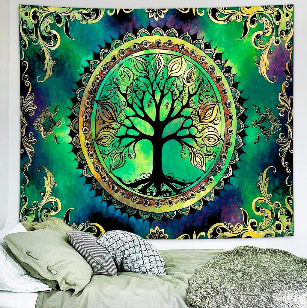 Delur Tree of Life Tapestry Green Nature Bohemian Mandala Spiritual Tapestry Wall Hanging Mystical Landscape Hippie Psychedelic Headboard for Bedroom Living Room Home Decor (51.2" x 59.1")