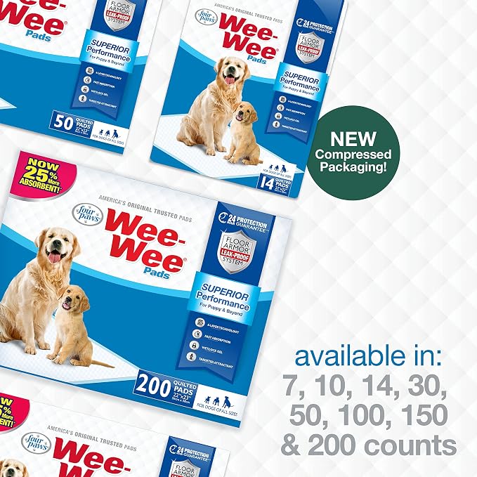 Four Paws Wee-Wee Superior Performance Dog Pee Pads, 150 Count | Quilted leak-proof puppy pads, dog housebreaking & potty training, 24-hour floor protection, pet supplies, 22" x 23"