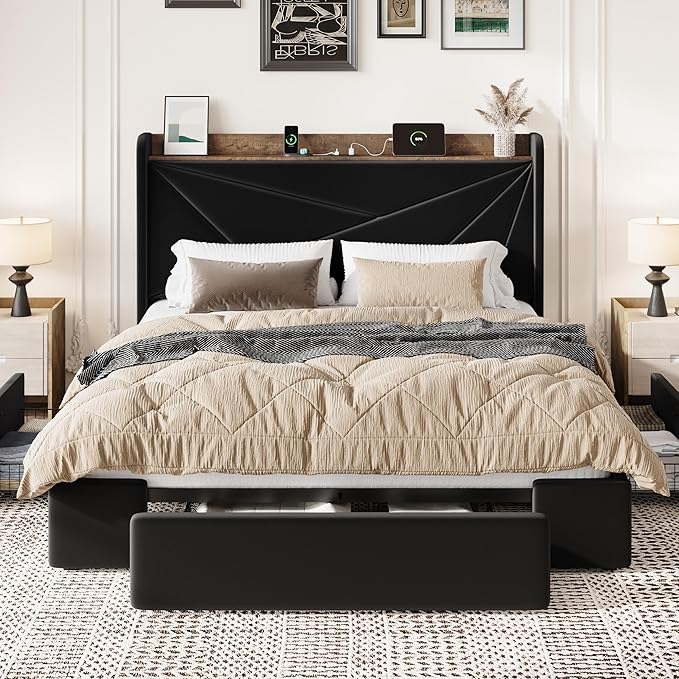 SHA CERLIN Full Size Bed Frame with 3 Drawers, USB & Type-C Charging Ports, Velvet Upholstered Platform Bed with Modern Geometric Wingback Storage Headboard, No Box Spring Needed, Easy Assembly, Black