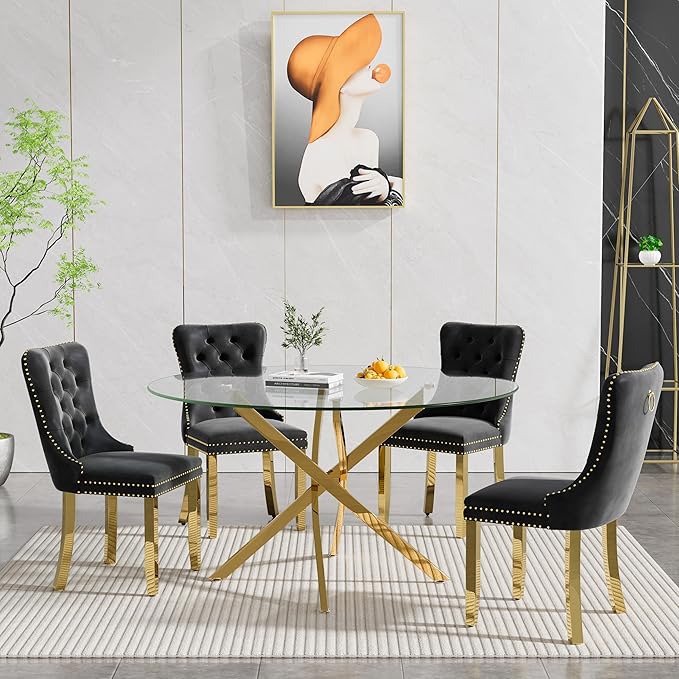 47.24" Round Glass Dining Room Table for 6 with Tempered Glass Top and Gold Chrome Metal Legs, Modern Clear Kitchen and Dinner Table for Home Office Dining Room