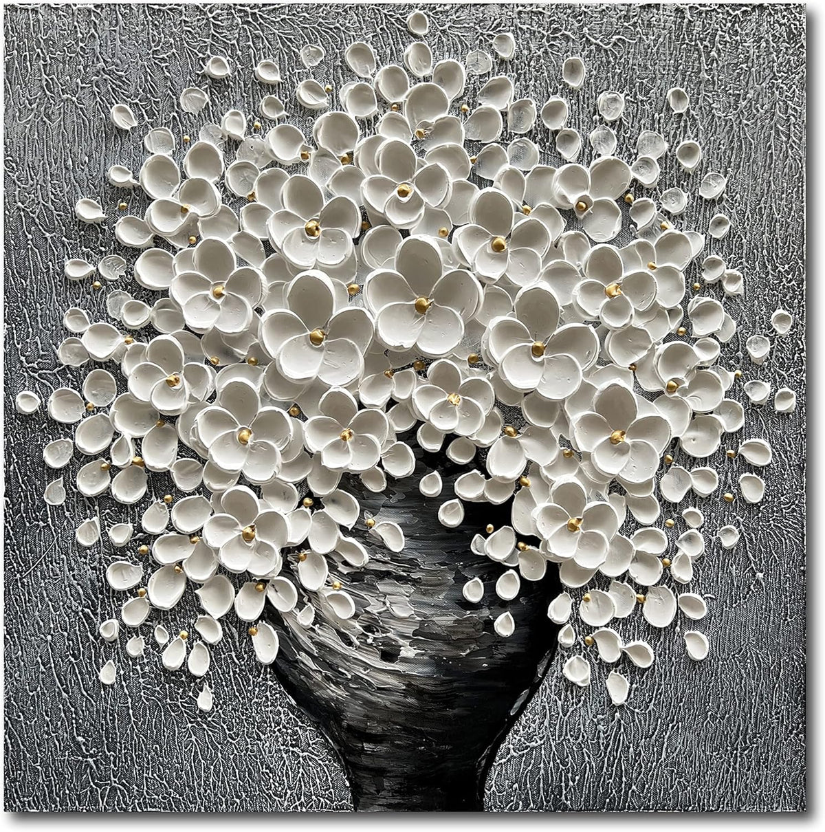 White Flower Oil Painting Modern Abstract Art Oil Painting Home Bedroom, Dining Room, Living Room, Office Wall Decoration (20x20 inches)