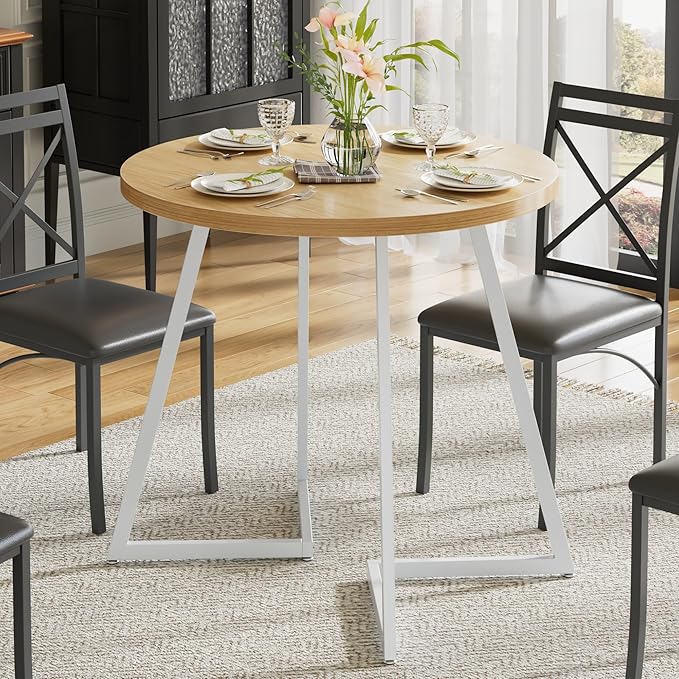 VECELO 35" Round Dining Table for 4, Wood-Grain Tabletop & Heavy-Duty Steel Frame, for Kitchen, Living Room, Easy Assembly, Natural & White