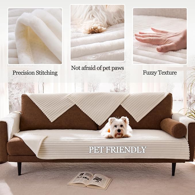Dual Non-Slip Couch Cover for Dogs Waterproof, Fuzzy Soft Pet Couch Covers for Sofa 3 Cushion, Pet Friendly Soft Dog Bed Covers Sofa Cover Washable (White, 33" x 95" 1 Pack)