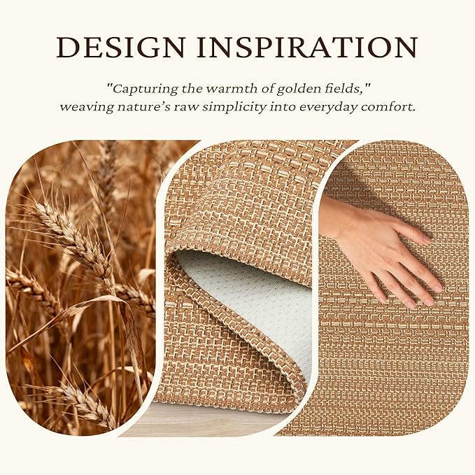 2x4 Washable Rug, Textured Natural Woven Low-Profile Small Runner with Non-Slip Backing, Light Brown, for Kitchen Sink, Laundry Room, Double Door Entryway