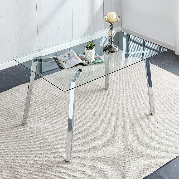 51“ Small Glass Dining Table Set for 4,0.31”Thick Tempered Glass Table Top with 4 Chrome Plate Metal Legs,4 PU Leather Dining Chairs,Modern Kitchen Dinner Room Table Set,for Kitchen Room
