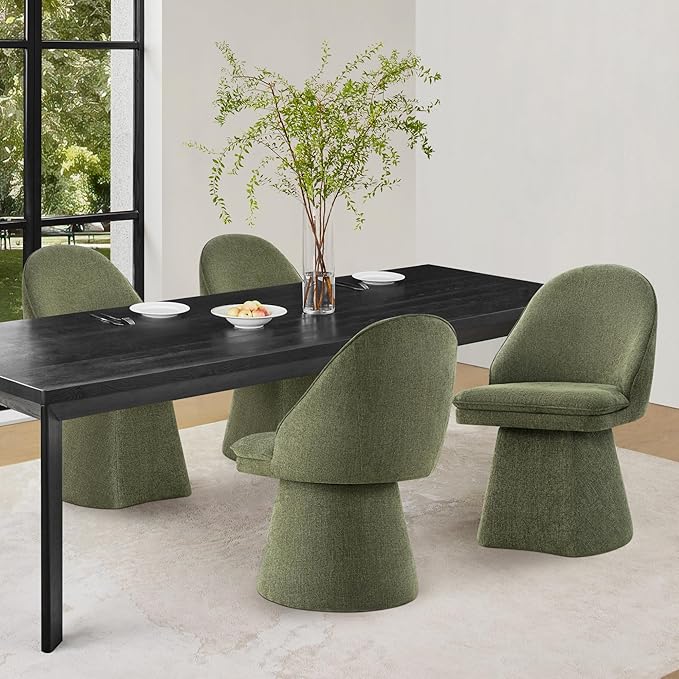 Swivel Dining Chairs Set of 4, Upholstered Mid Century Modern Deskchair with Round Back, Linen Fabric Kitchen Chairs for Dining Room, Bedroom, Dressing Room, Moss Green