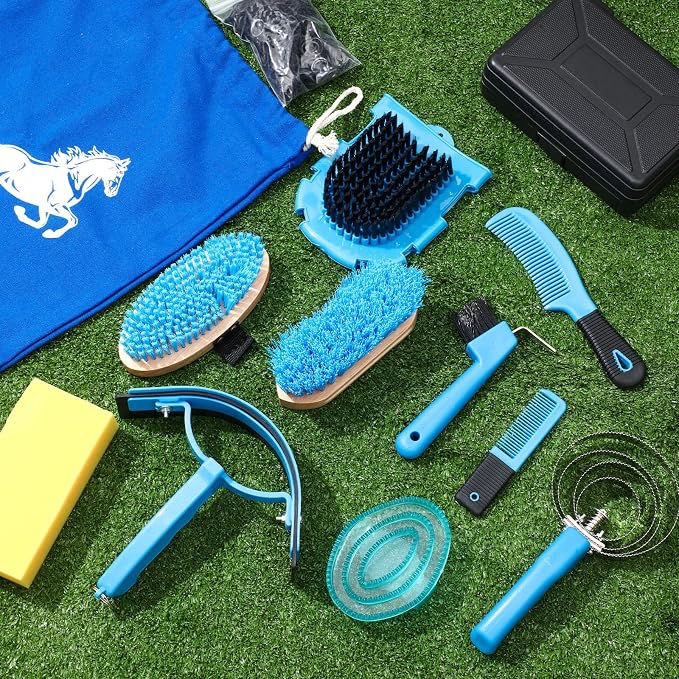 Abbylike 12 Pieces Horse Grooming Kit Racing Festival Tack Room Supplies Horse Brush Sets Equine Care Cleaning Kit Shedding Grooming Massaging Tools(Blue)