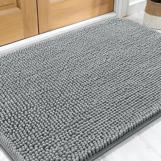 OLANLY Dog Door Mat for Muddy Paws 34x21, Absorbs Moisture and Dirt, Absorbent Non-Slip Washable Doormat, Quick Dry Chenille Mud Mat for Dogs, Entry Indoor Entryway Carpet for Inside Floor, Grey